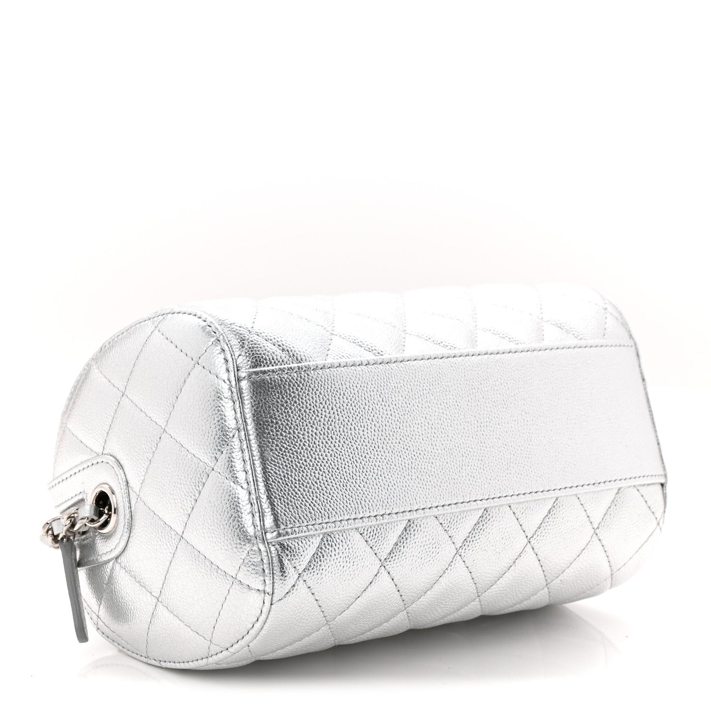 Metallic Caviar Quilted Barrel Clutch With Chain Silver