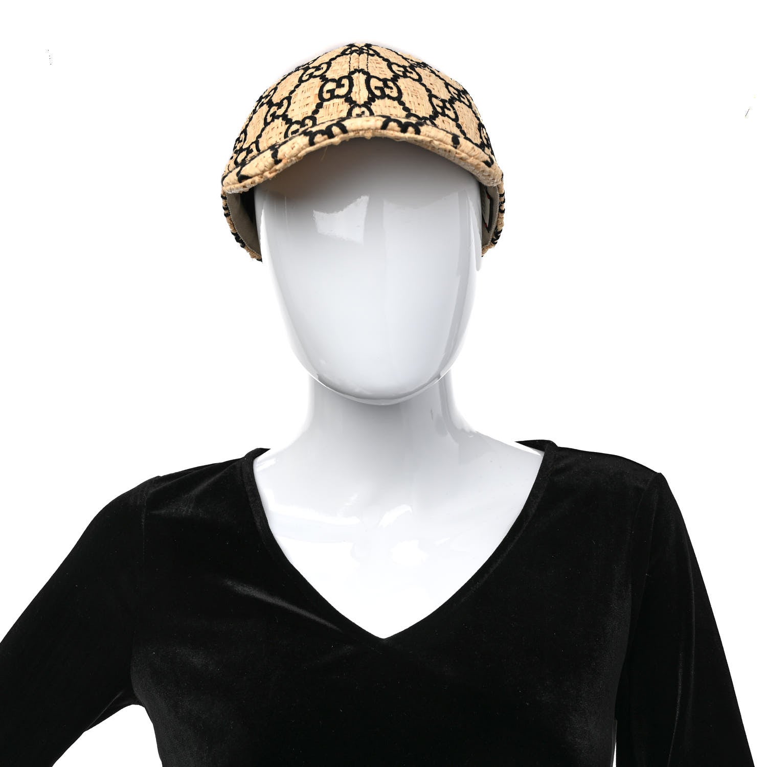 Gucci Raffia GG Monogram Elaphe Embroidered Aisha Baseball Hat L Ivory Black 2 of 9