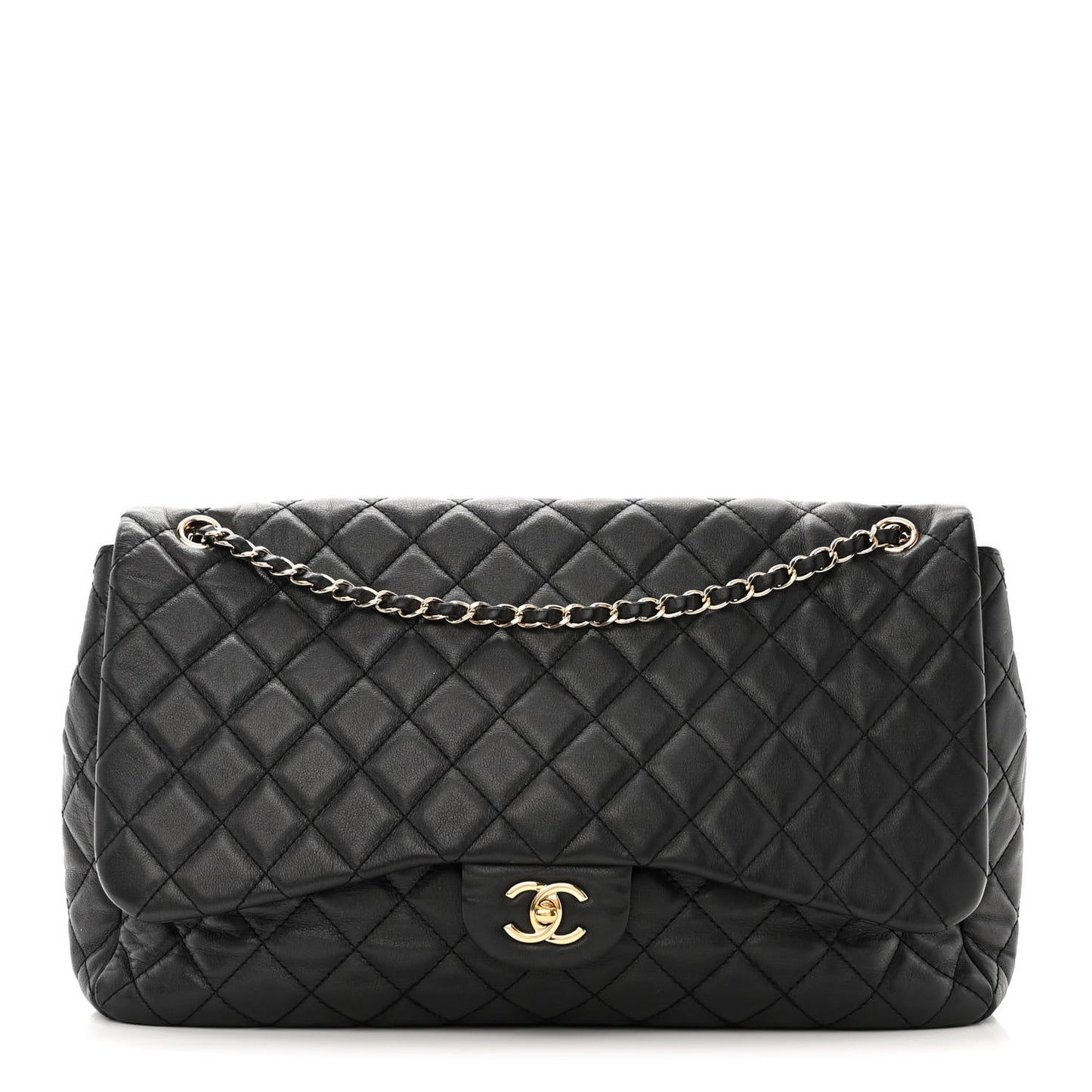 Metallized Calfskin Quilted Small XXL Travel Flap Bag Black