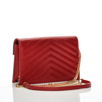 Saint Laurent Grain De Poudre Matelasse Chevron Monogram Envelope Chain Wallet New Red 3 of 7