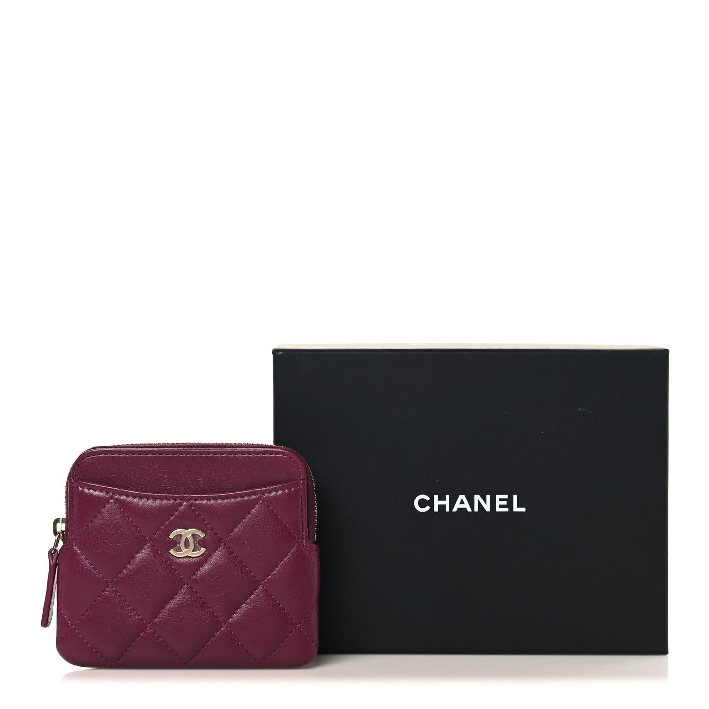Lambskin Quilted Zip Card Holder Wallet Dark Purple