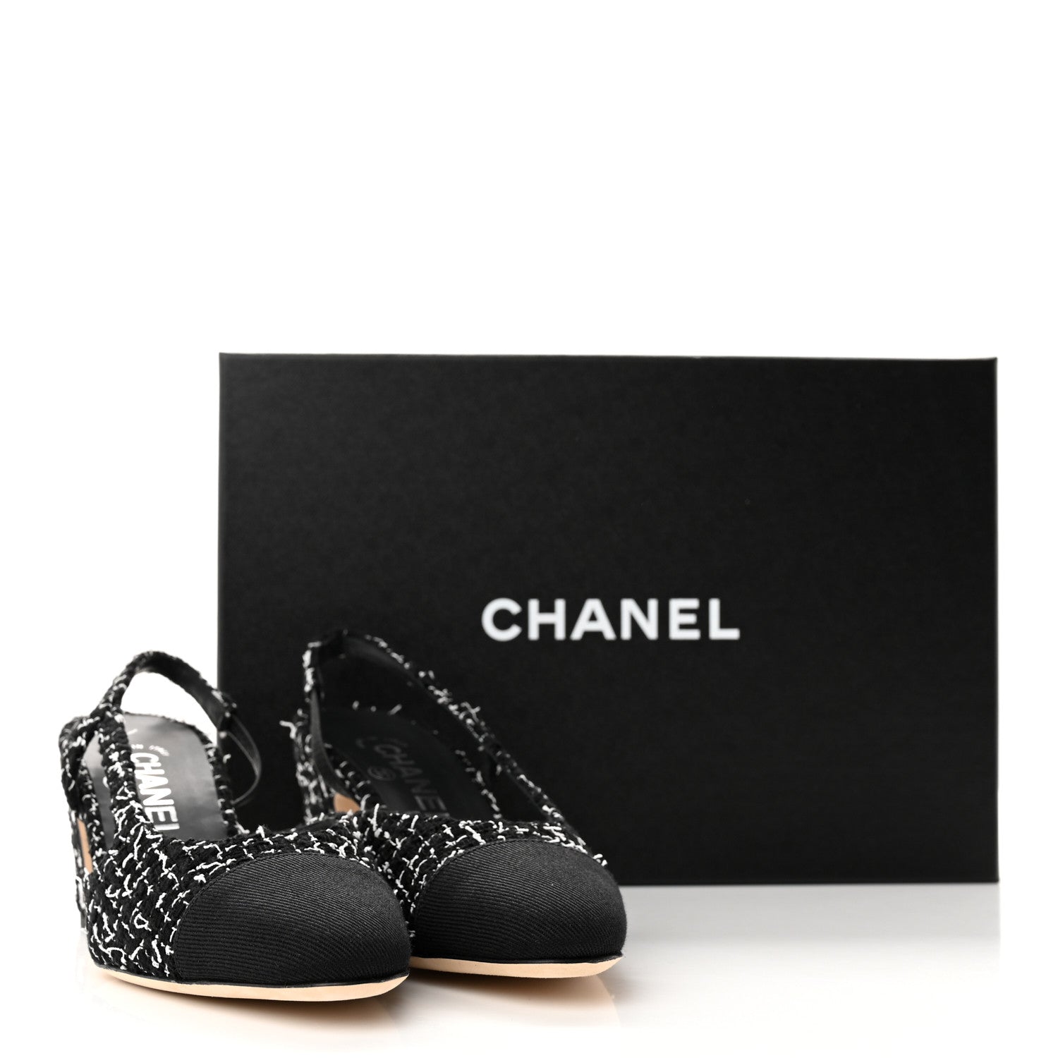 Chanel Tweed Grosgrain Cap Toe CC Slingback Pumps 36 Black White 11 of 11