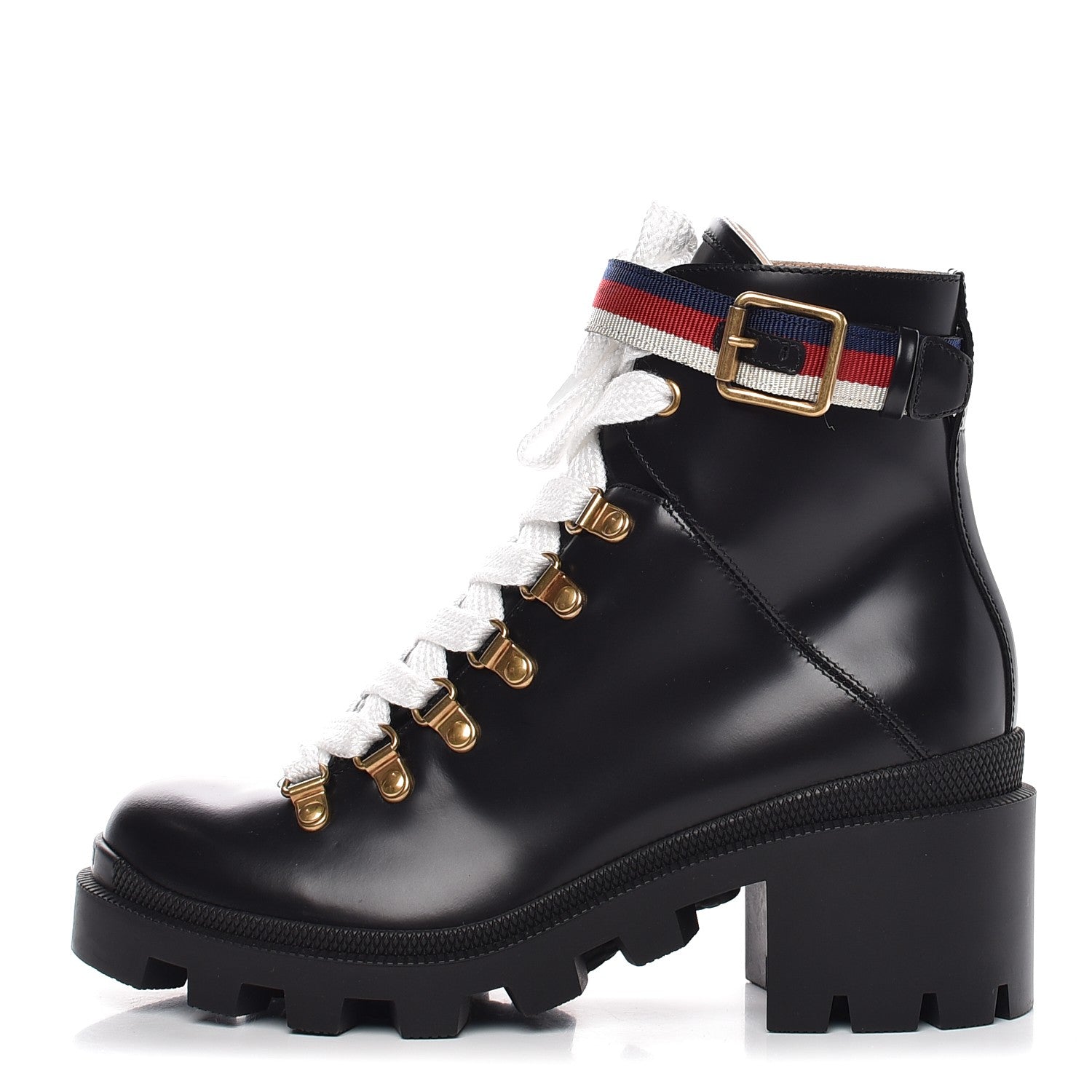 Gucci Calfskin Sylvie Web Lace Up Combat Boots 36 Black 1 of 9