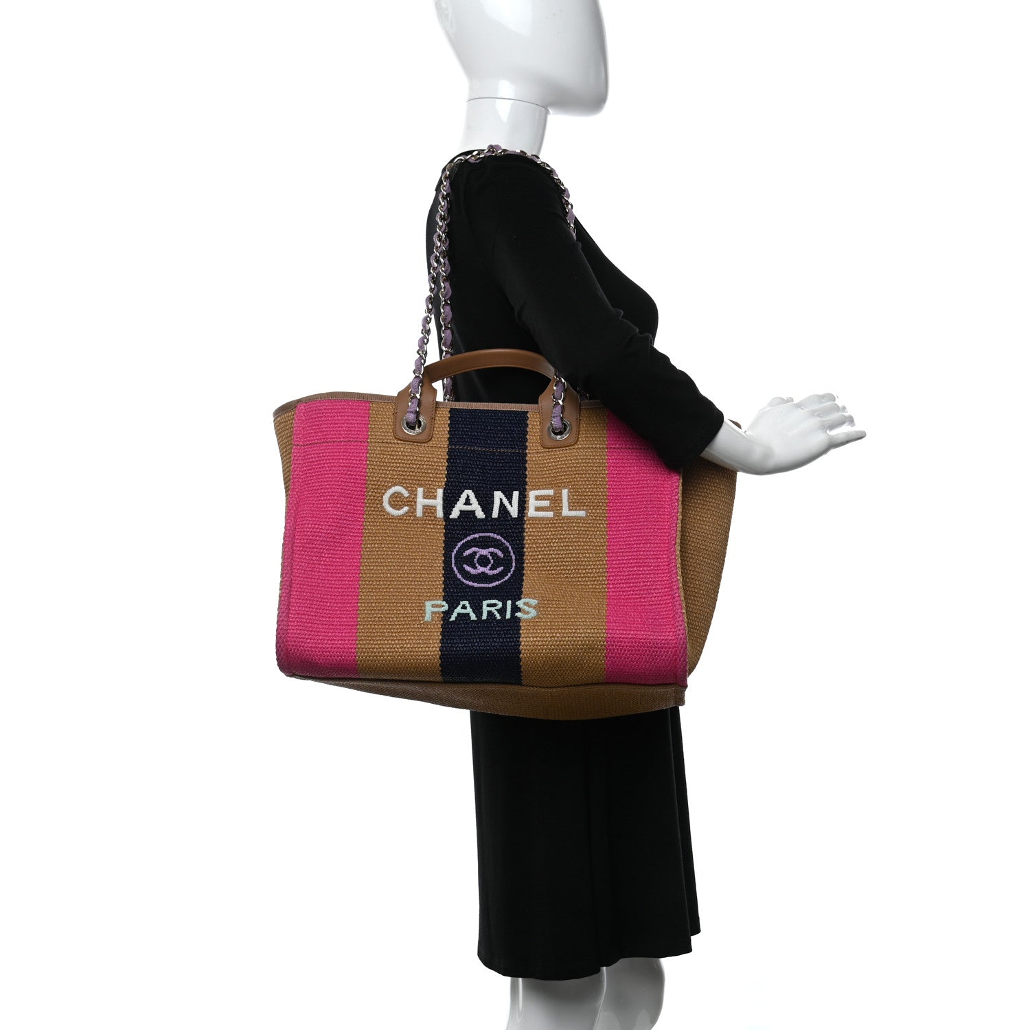 Chanel Straw Raffia Calfskin Striped Medium Deauville Tote Dark Beige Fuchsia Navy Blue 2 of 12