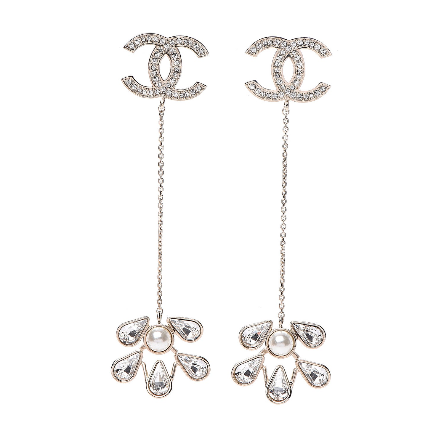 Pearl Crystal CC Drop Earrings Light Gold