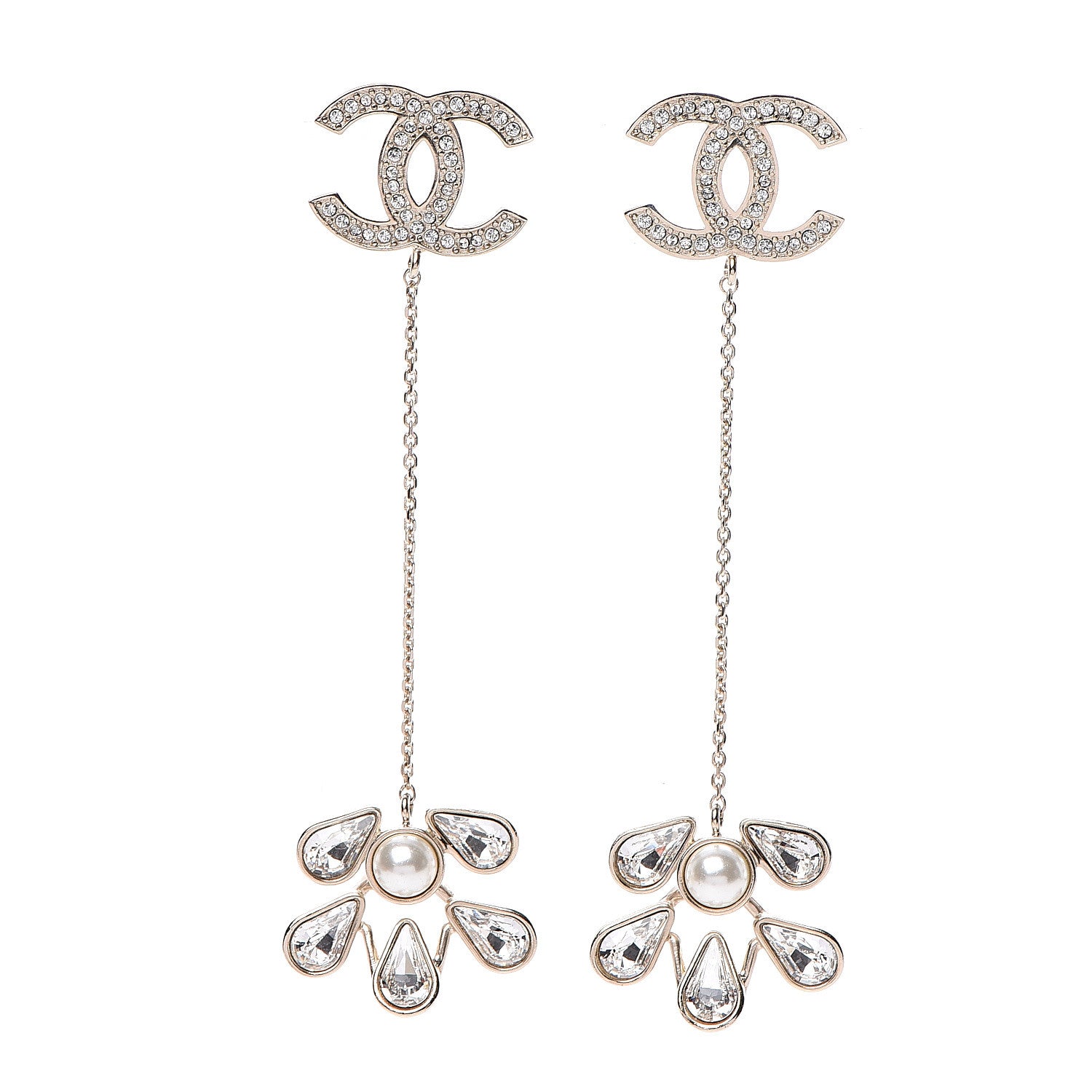 Chanel Pearl Crystal CC Drop Earrings Light Gold 1 of 5