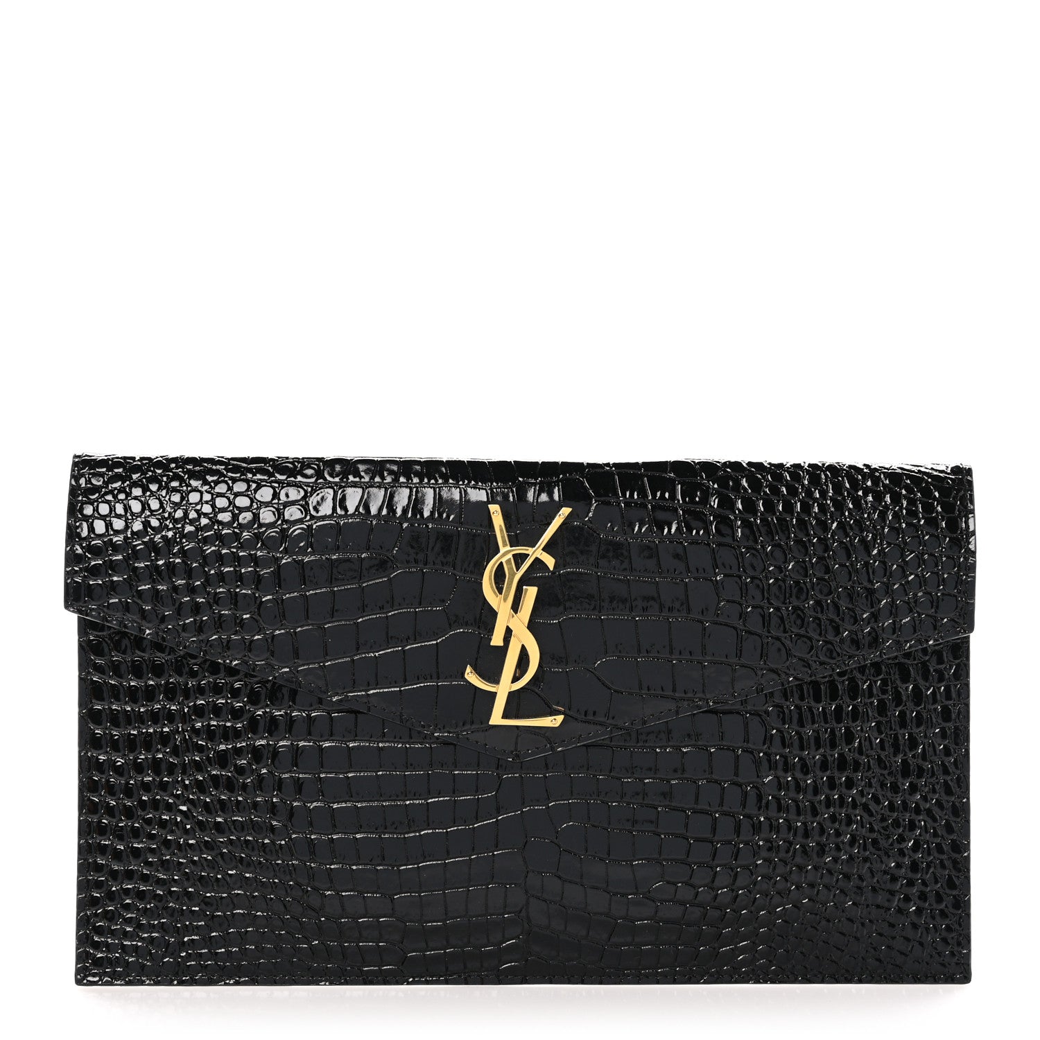 Saint Laurent Calfskin Crocodile Embossed Uptown Monogram Pouch Black 1 of 7