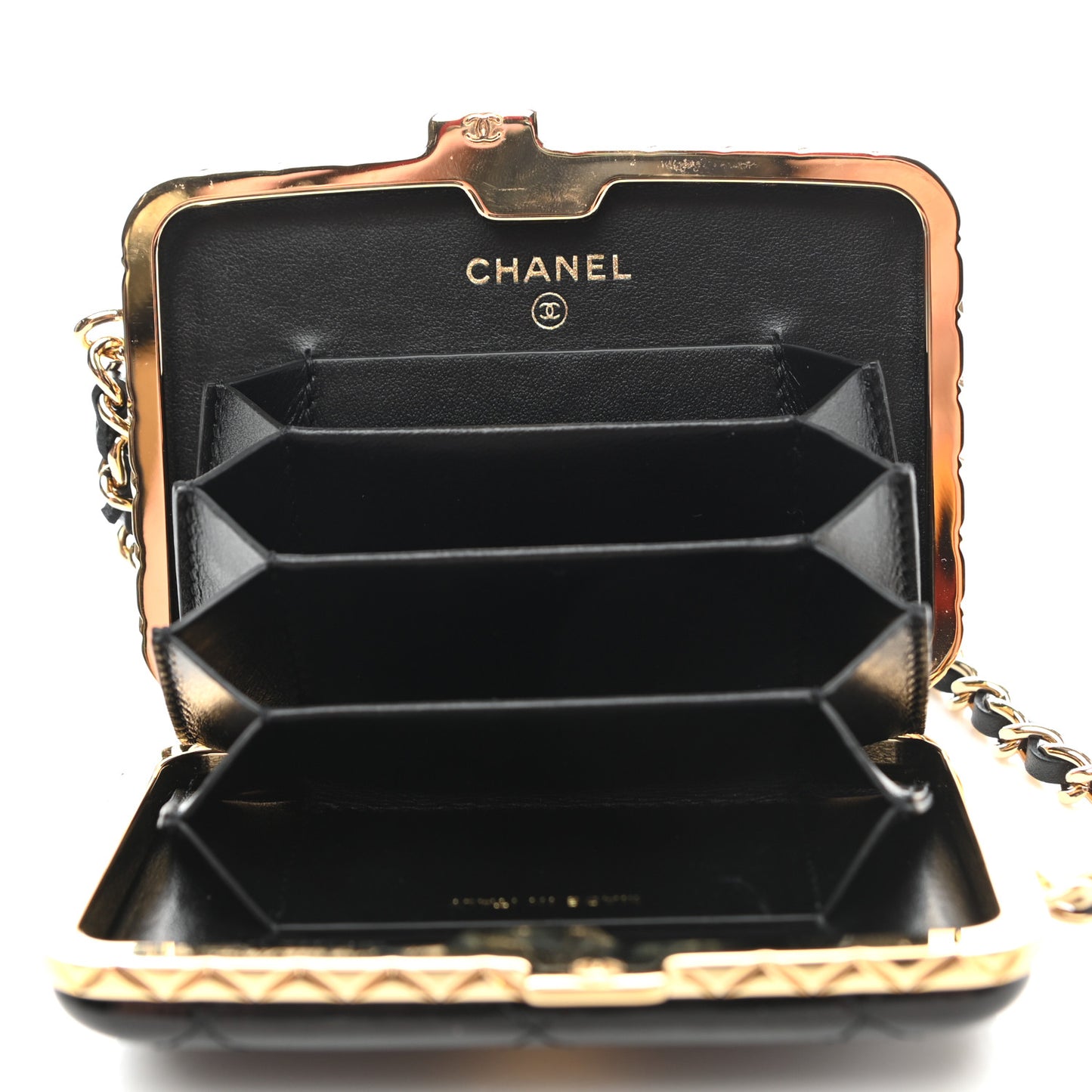 Glazed Goatskin Quilted Small Box With Chain Black