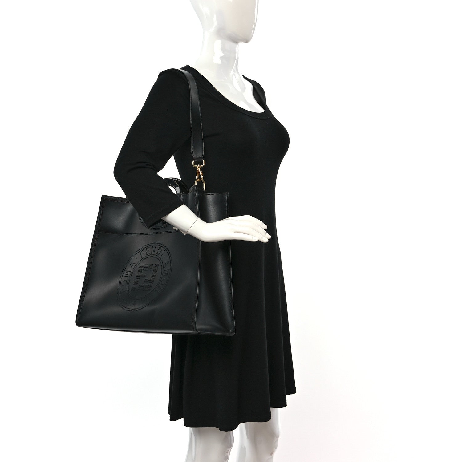 Fendi Vitello Liberty Plexiglass Stamp Patch Perforated Medium Runaway Shopper Tote Black 2 of 11