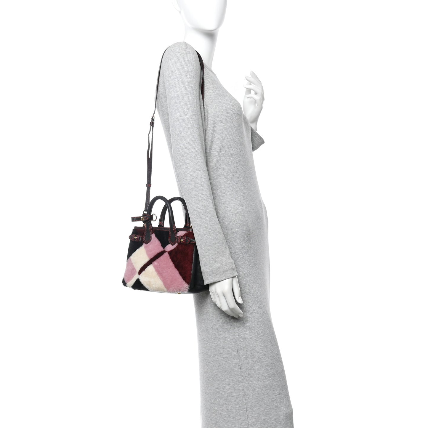 Shearling Calfskin Patchwork Small Banner Tote Black Multicolor