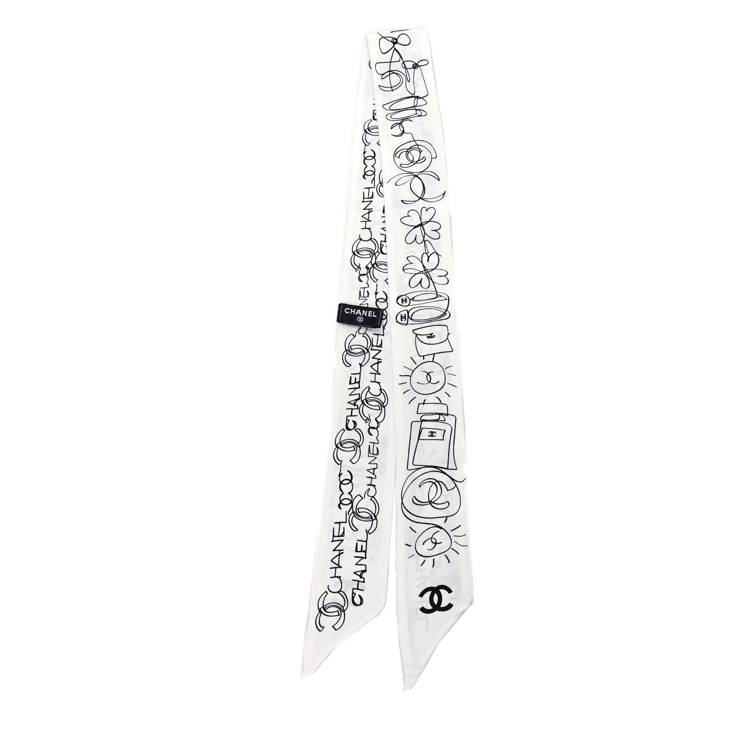 Chanel Silk Twill CC Slim Bandeau Scarf White Black 2 of 3
