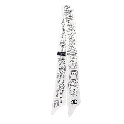 Chanel Silk Twill CC Slim Bandeau Scarf White Black 2 of 3