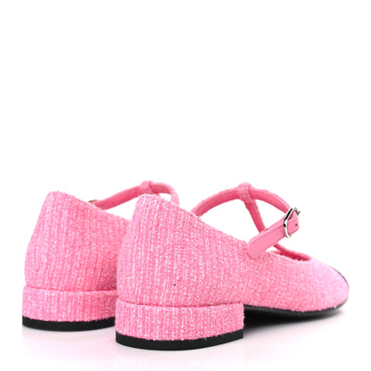 Chanel Tweed Grosgrain Cap Toe T Strap CC Flats 35.5 Pink Black 4 of 8