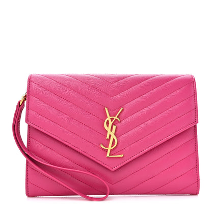 Saint Laurent Grain De Poudre Matelasse Chevron Monogram Envelope Clutch Fuchsia 1 of 10