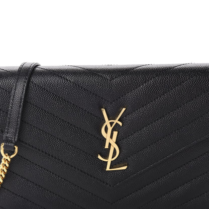 Saint Laurent Grain De Poudre Matelasse Chevron Monogram Envelope Chain Wallet Black 9 of 10