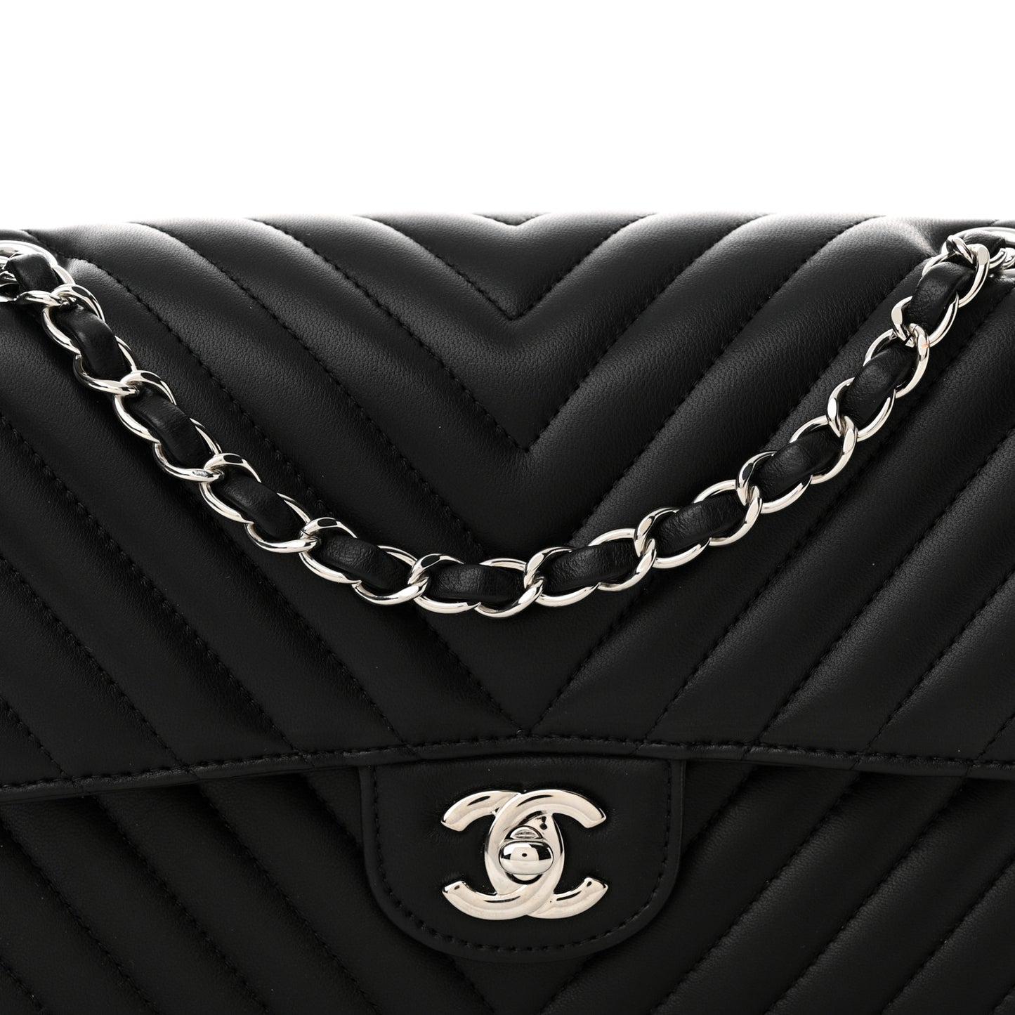 Lambskin Chevron Quilted Medium Double Flap Black