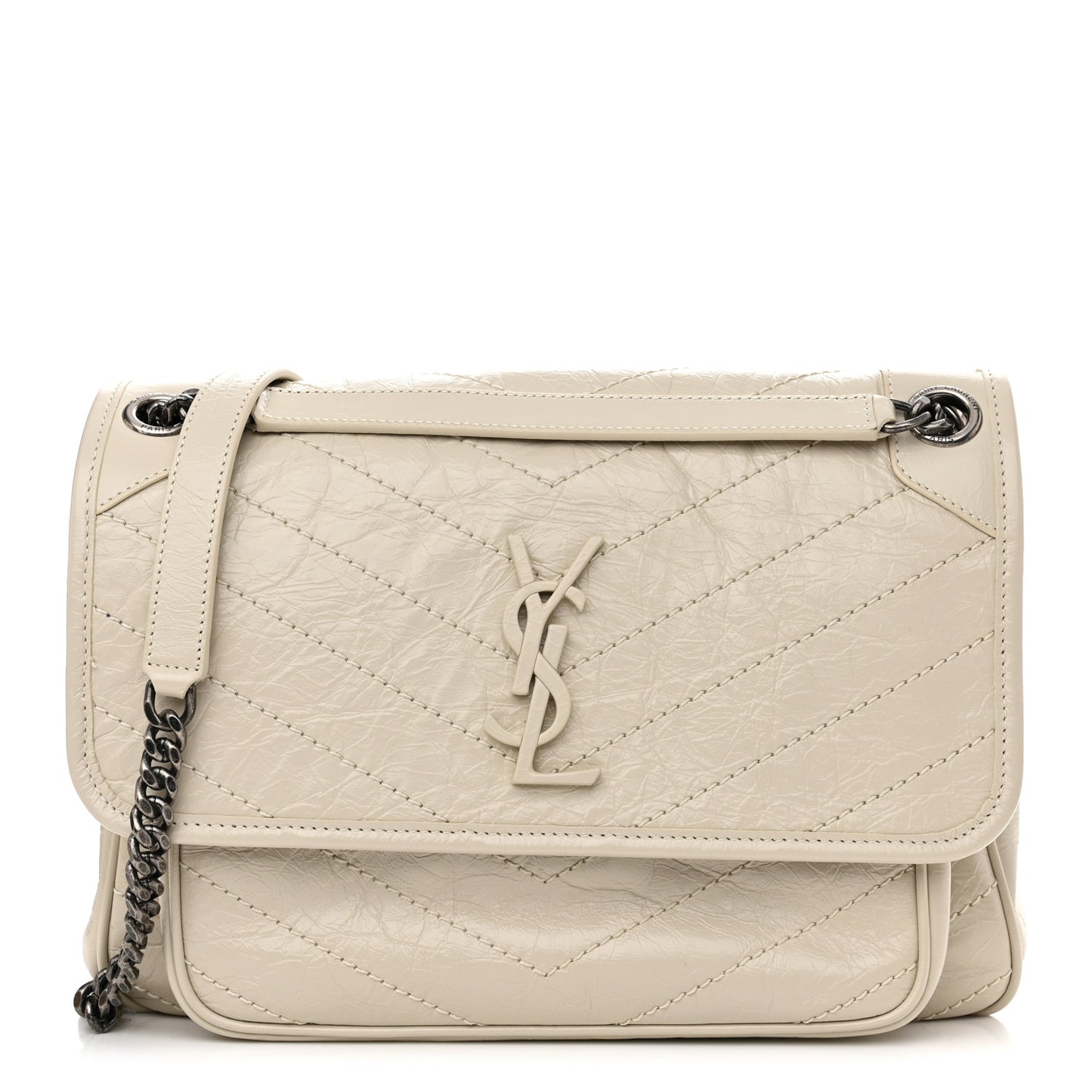 Crinkled Calfskin Matelasse Monogram Medium Niki Chain Satchel Blanc Vintage