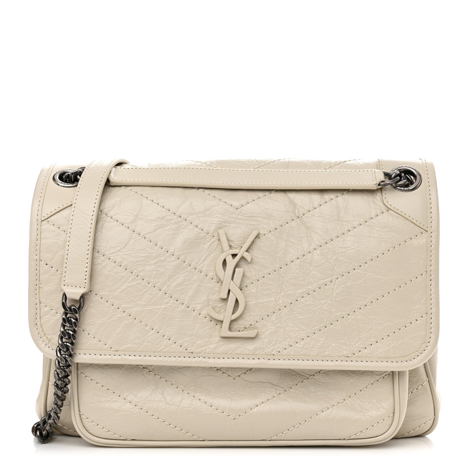 Saint Laurent Crinkled Calfskin Matelasse Monogram Medium Niki Chain Satchel Blanc Vintage 1 of 12