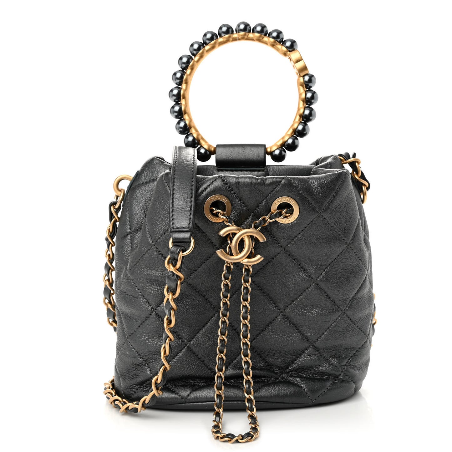 Metallic Lambskin Quilted Pearl Crown Drawstring Bag Anthracite