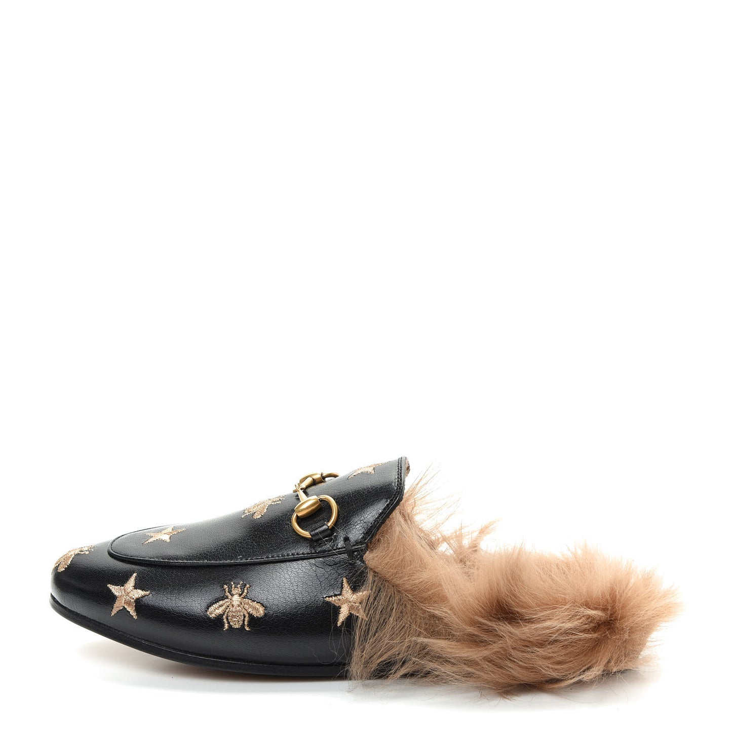 Goatskin Fur Bee Star Embroidered Womens Princetown Slippers 36.5 Black
