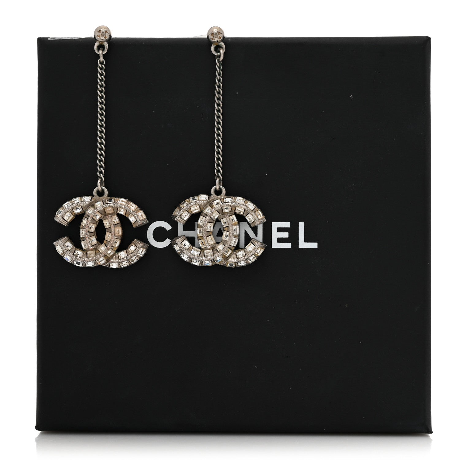 Chanel Baguette Crystal CC Drop Earrings Silver 5 of 5
