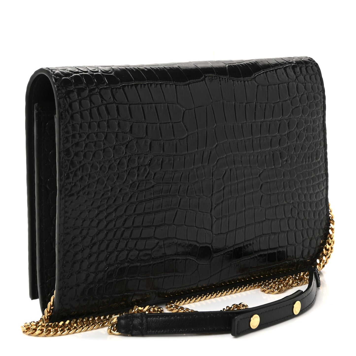 Calfskin Crocodile Embossed Monogram Chain Wallet Black