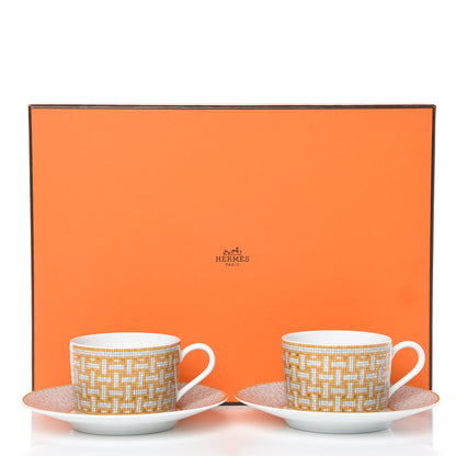 Hermes Porcelain Mosaique Au 24 Gold Tea Cup And Saucer Set Of 2 10 of 10