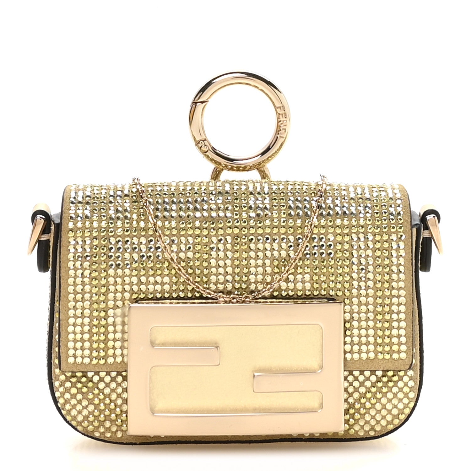 Fendi Crystal Vitello Laminato FF Nano Maxi Buckle Baguette Charm Light Gold 1 of 10