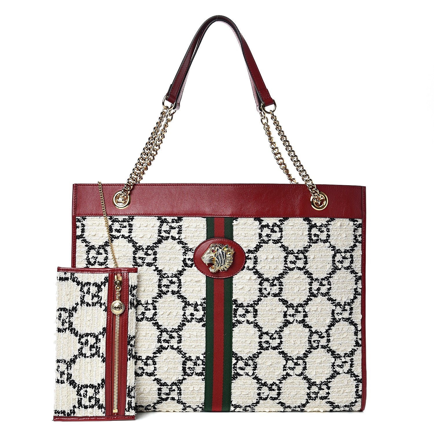 Gucci Tweed GG Monogram Large Rajah Chain Tote White Black Romantic Cherry 1 of 10