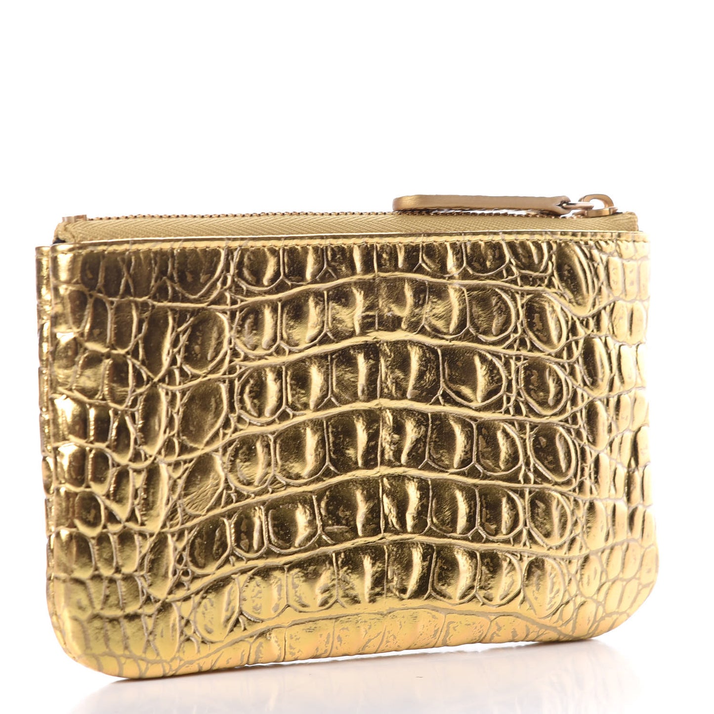 Metallic Calfskin Crocodile Embossed Cocodile Small Cosmetic Case Gold