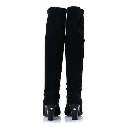 Chanel Suede Patent CC Quilted Knee High Boots 36 Black 6 of 10