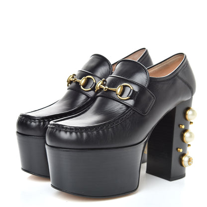 Gucci Malaga Kid Pearl Studded Vegas Platform Loafers 37.5 Black 3 of 9