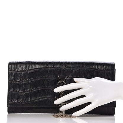 Saint Laurent Calfskin Crocodile Embossed Classic Monogram Tassel Clutch Black 2 of 9