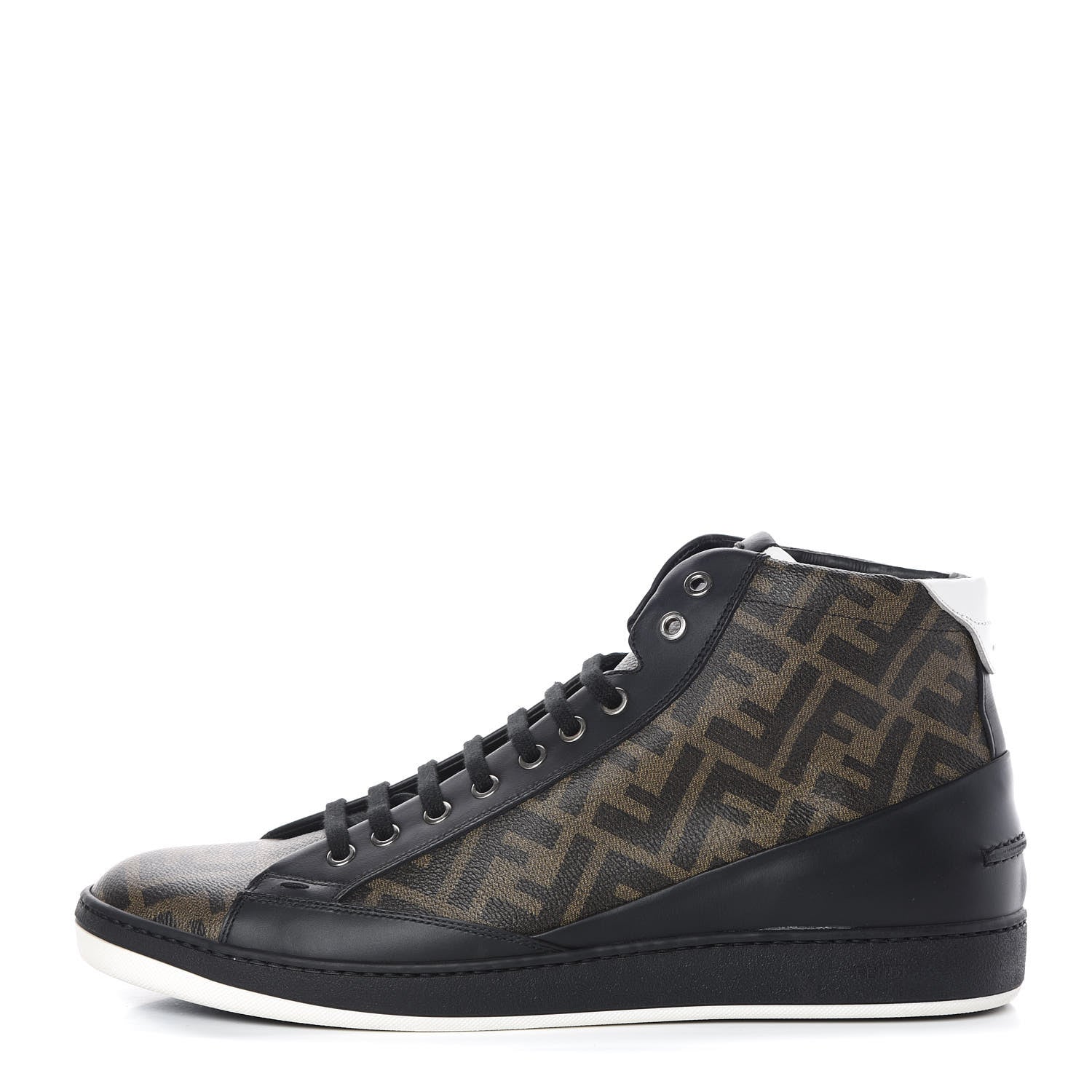 Fendi Glazed Fabric Calfskin FF Mens Wimbledon High-Top Sneakers 12 Tobacco Black White 1 of 11