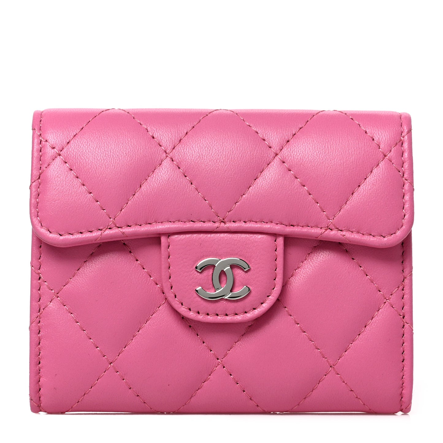 Lambskin Quilted Flap Card Holder Wallet Pink