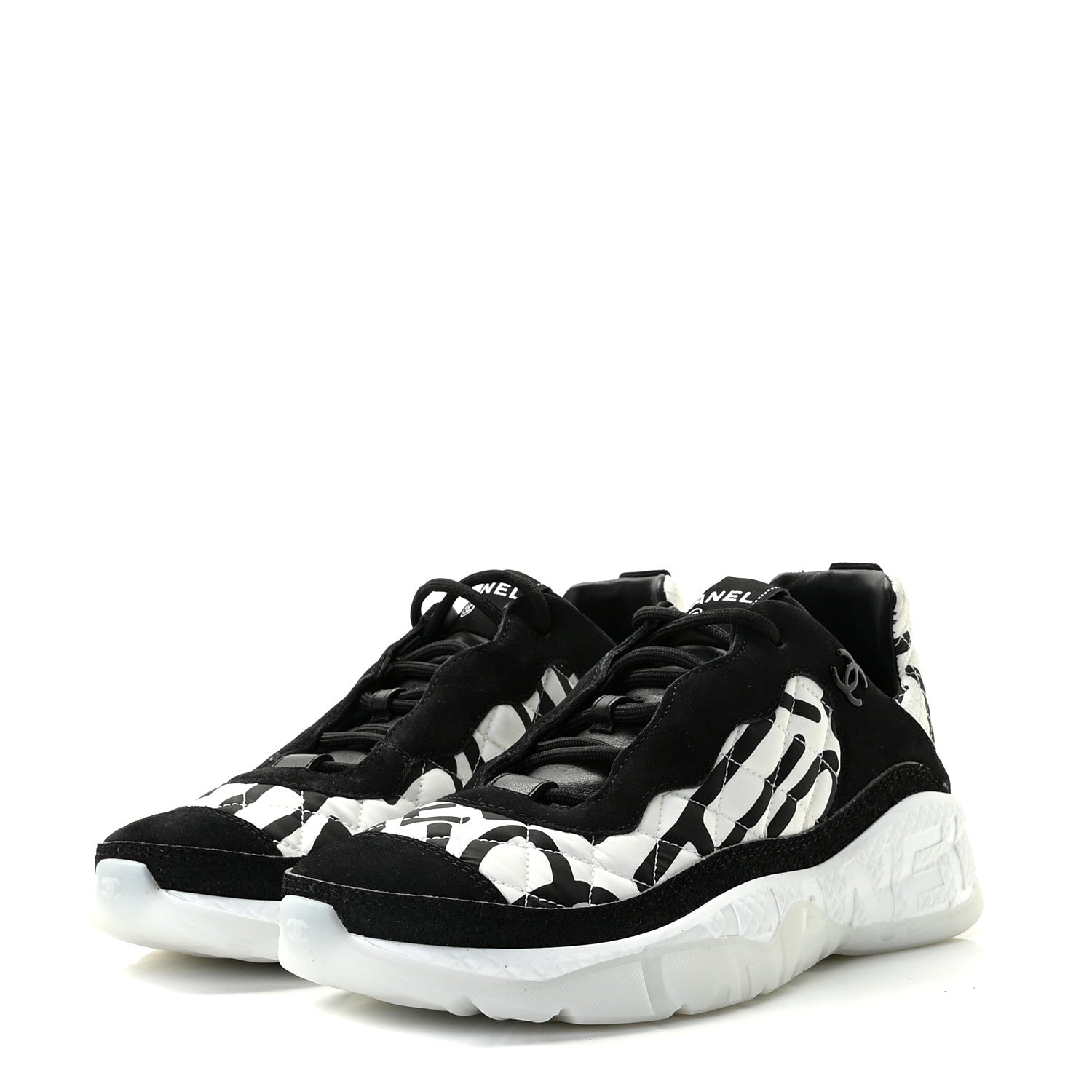 Chanel Nylon Suede Calfskin Printed Sneakers 38.5 White Black 3 of 11