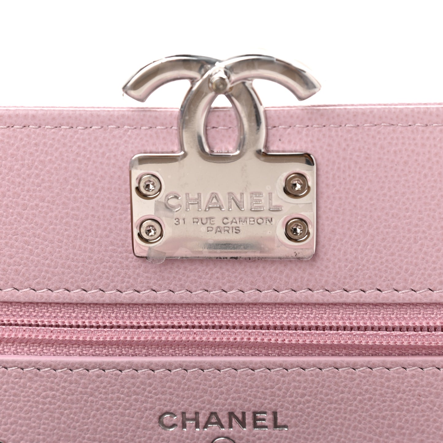 Grained Calfskin Quilted CC Box Wallet On Chain WOC Light Pink