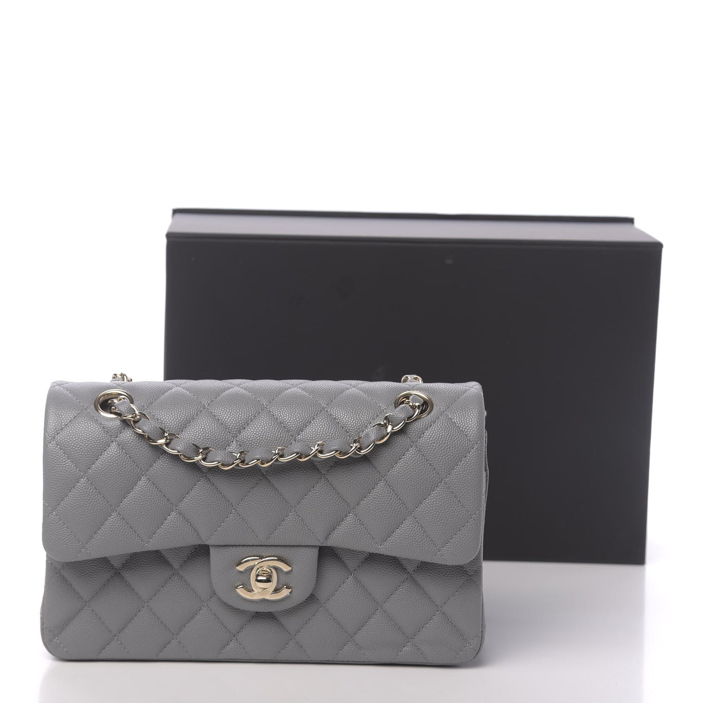 Caviar Quilted Small Double Flap Grey