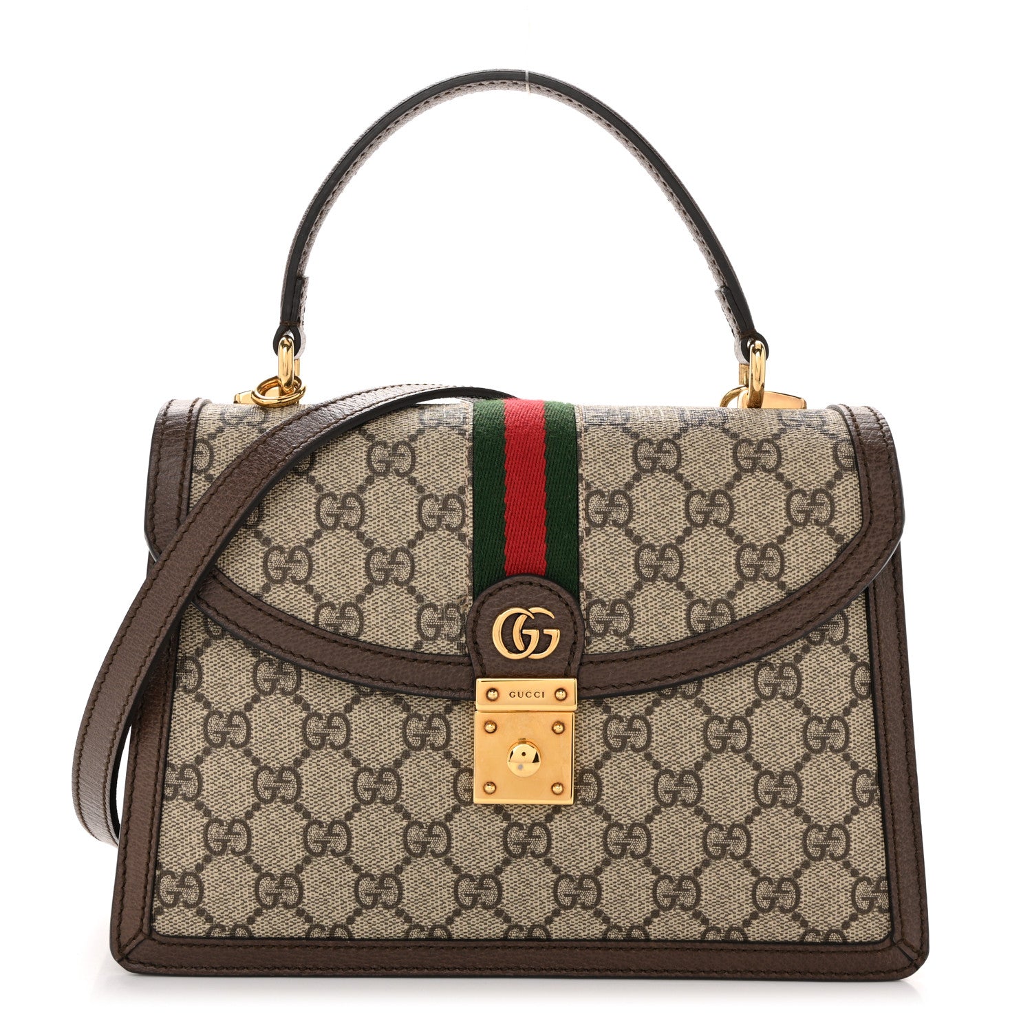 Gucci GG Supreme Monogram Textured Dollar Calfskin Web Small Ophidia Padlock Top Handle Bag Beige Ebony New Acero 1 of 13