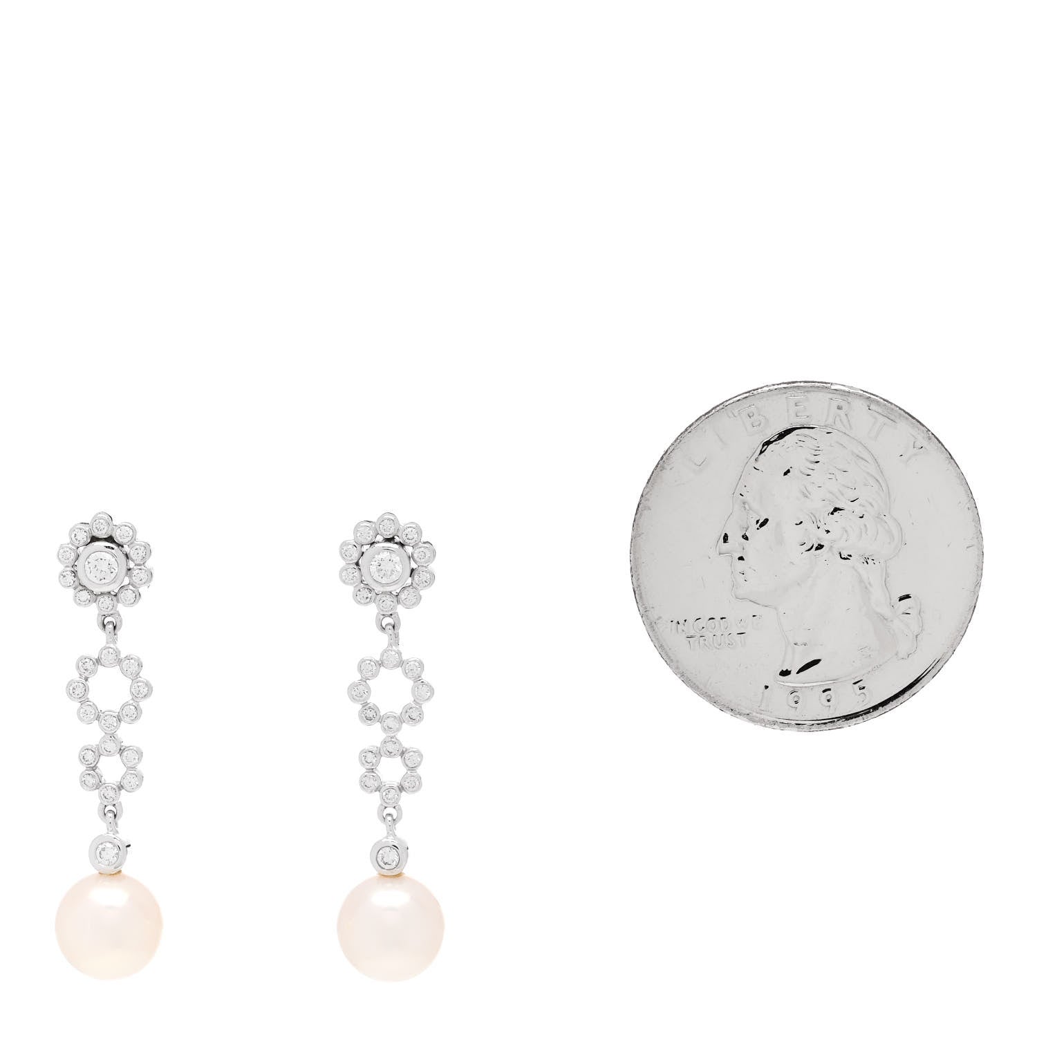 Mikimoto 18K White Gold Diamond Akoya Pearl 7.5mm Deco Drop Earrings 2 of 5