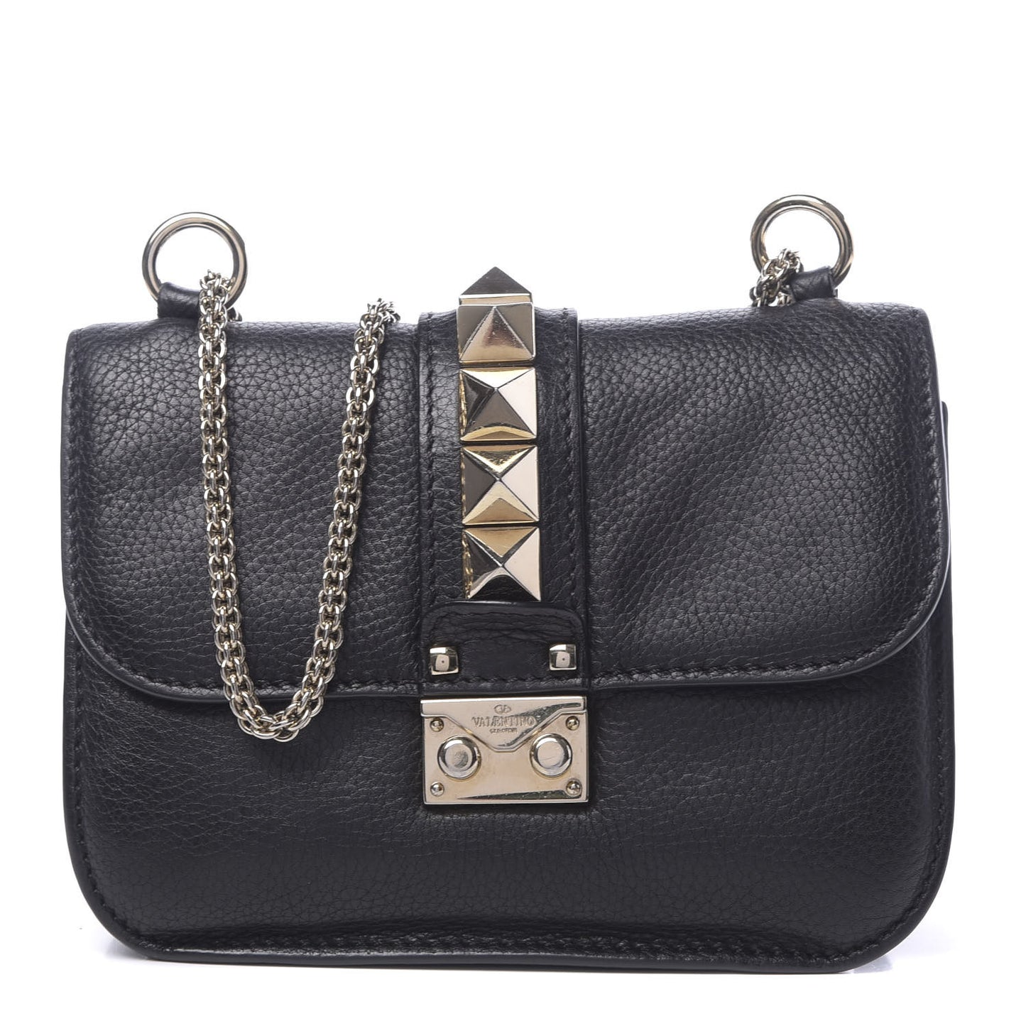 Grained Calfskin Small Glam Lock Rockstud Flap Black