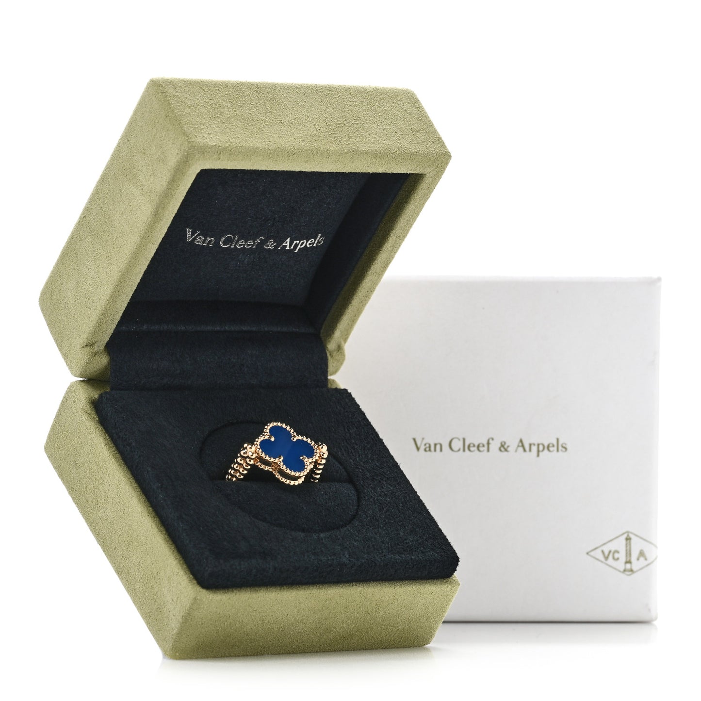18K Yellow Gold Diamond Blue Agate Reversible Guilloche Vintage Alhambra Ring 53 6.5