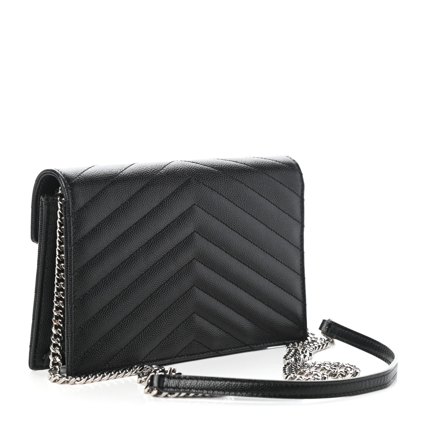 Saint Laurent Grain De Poudre Matelasse Chevron Monogram Envelope Chain Wallet Black 3 of 9