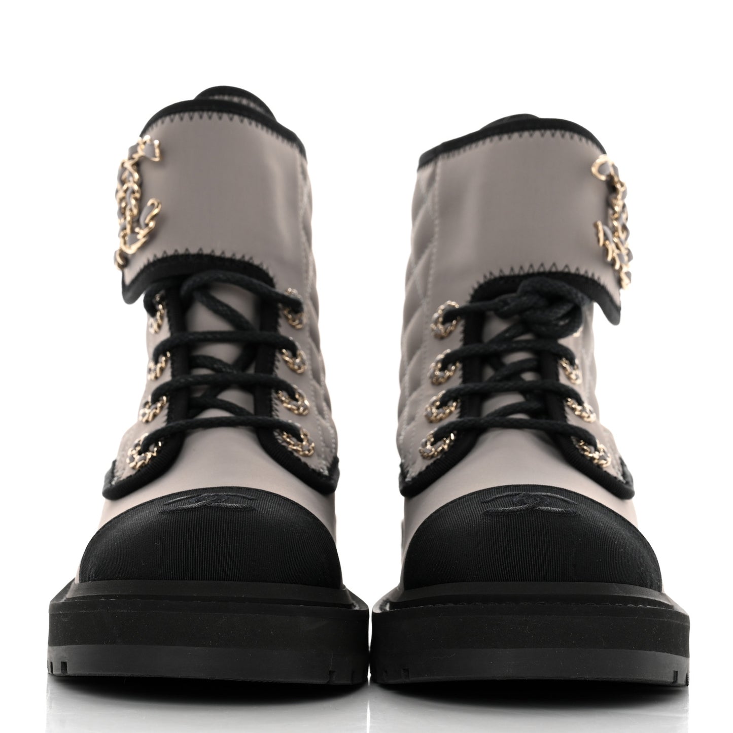 Fabric Grosgrain Quilted Cap Toe Lace Up Combat Boots 35.5 Gray