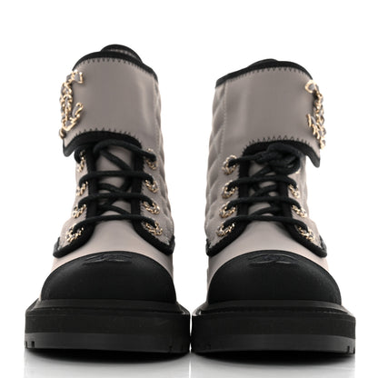 Chanel Fabric Grosgrain Quilted Cap Toe Lace Up Combat Boots 35.5 Gray 2 of 9