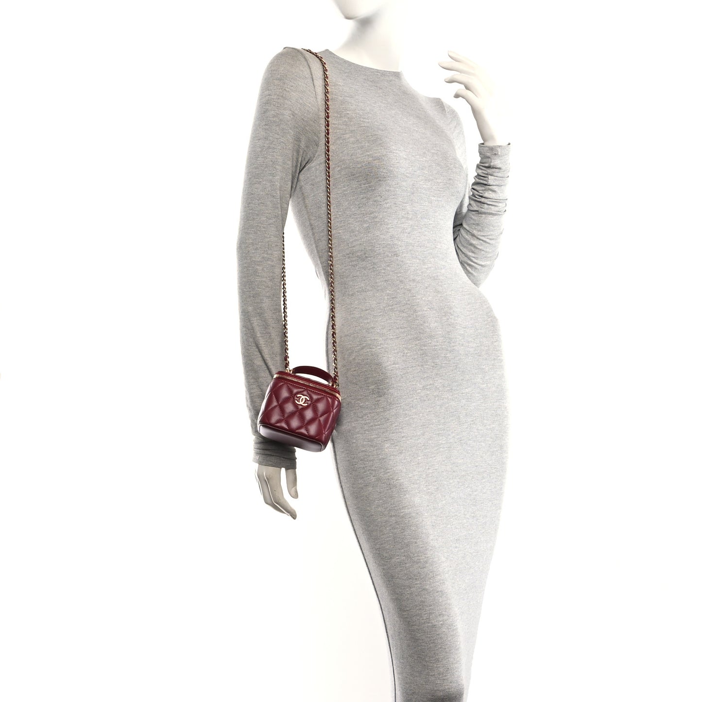 Lambskin Quilted Mini Top Handle Vanity Case With Chain Burgundy