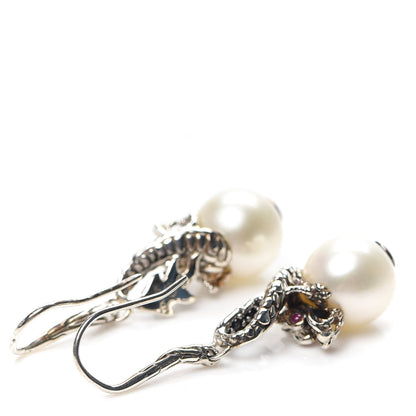 John Hardy Sterling Silver Pearl Black Sapphire Ruby Naga Drop Earrings 3 of 4