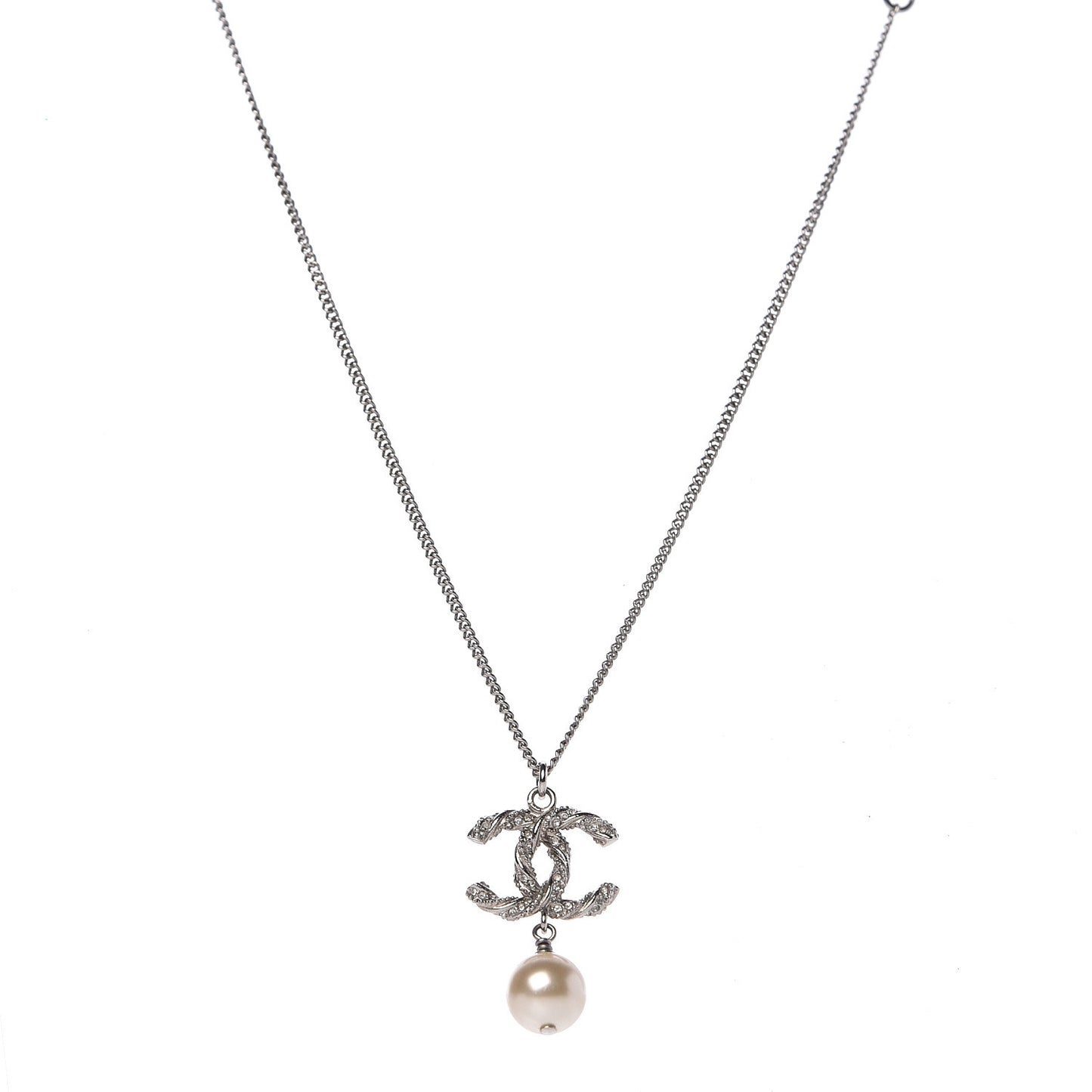 Crystal Pearl Twisted CC Drop Necklace Silver