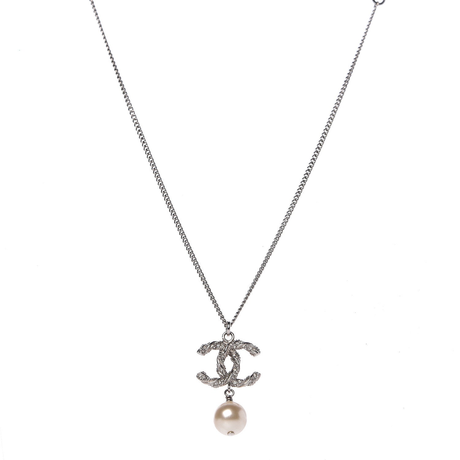 Chanel Crystal Pearl Twisted CC Drop Necklace Silver 1 of 4