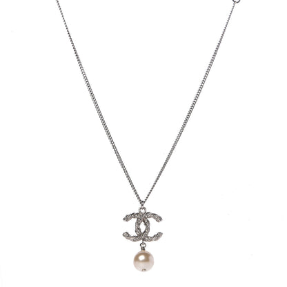 Chanel Crystal Pearl Twisted CC Drop Necklace Silver 1 of 4
